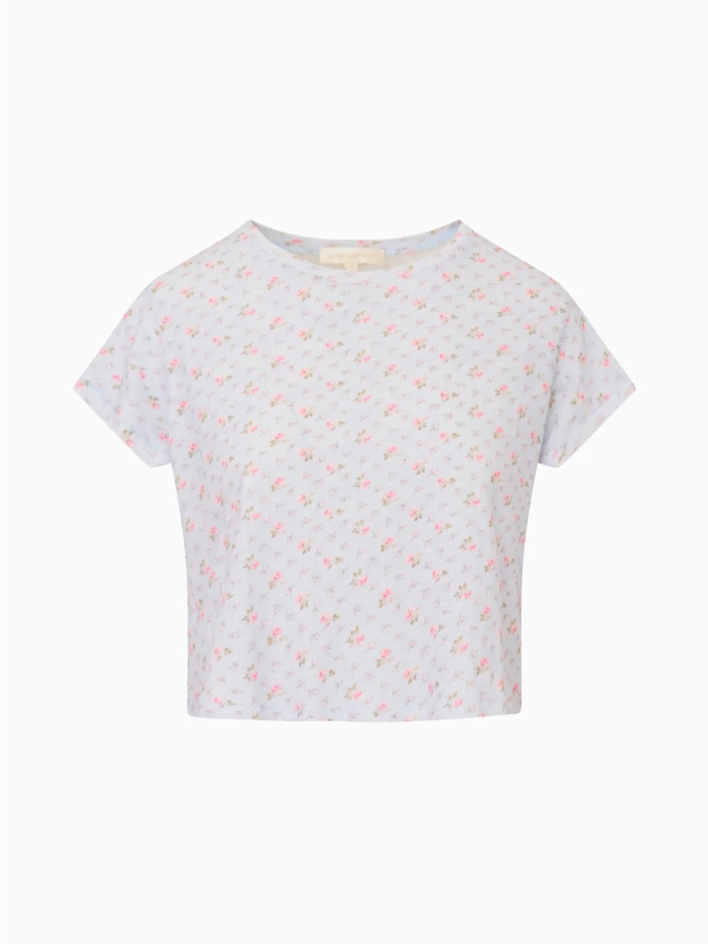 LoveShackFancy White Floral Cropped Tee with Pink & Green Print